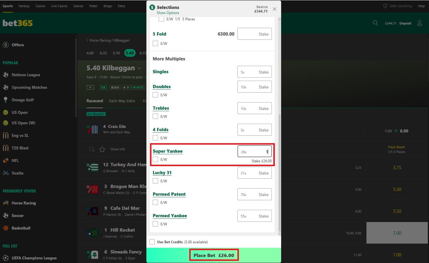 5:40pm racecard at kilbeggan on Bet365 with an open betslip in the middle of the webpage that has the Super Yankee stake box and place bet sections highlighted